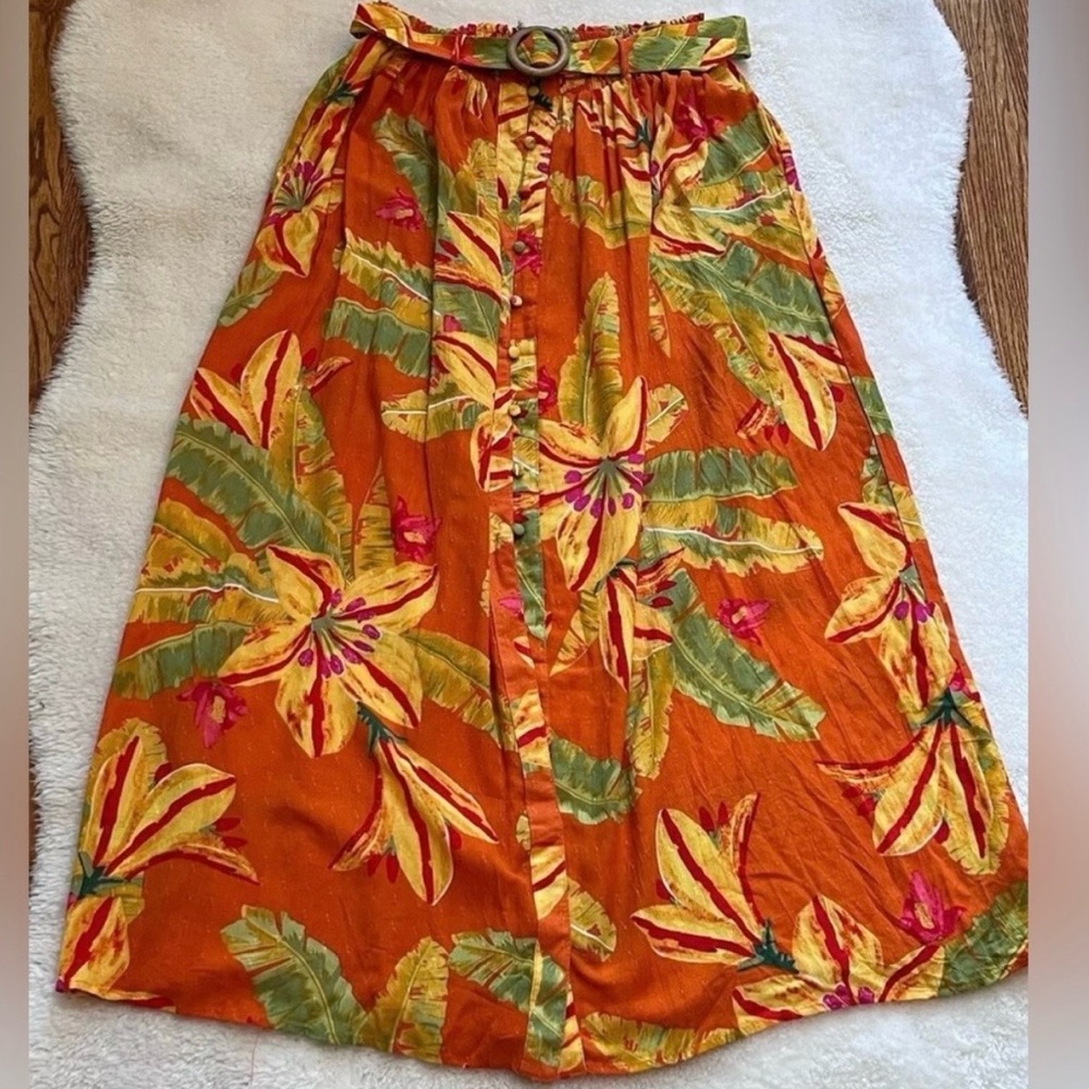 NWT Haute Hippie Women Orange Floral Belted Flowy Maxi Skirt- Size XS
